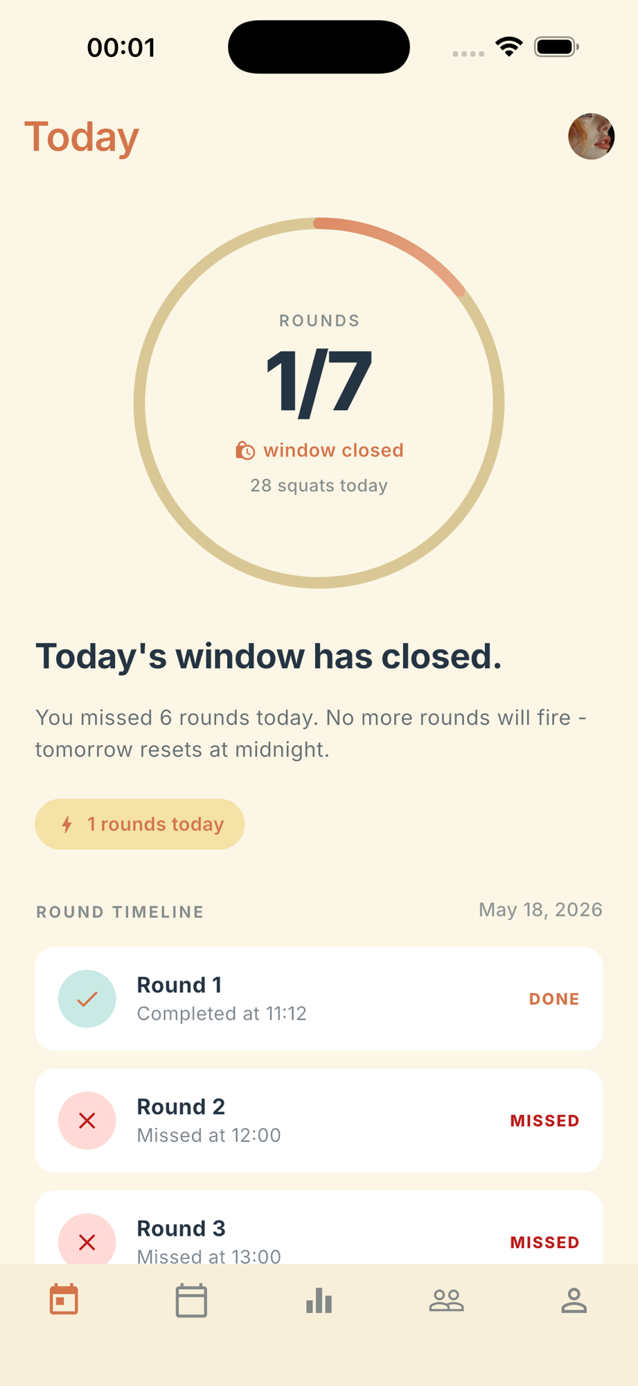 Deskbound Today screen showing 1 of 7 rounds complete with a round timeline